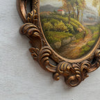 Vintage Oval Countryside Painting, European Village Landscape in Ornate Frame  ( 16.5 × 23.6 in) - Vintage Oil Painting - Arden Gallery