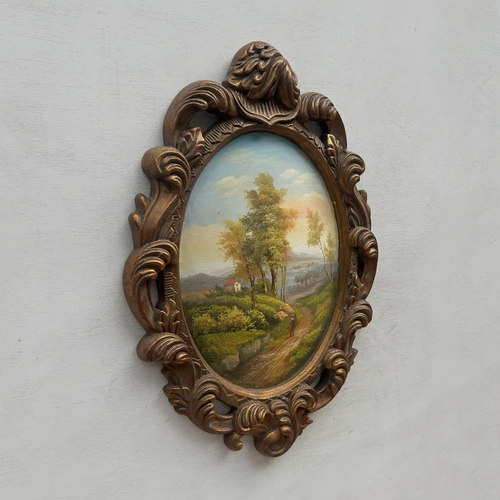 Vintage Oval Countryside Painting, European Village Landscape in Ornate Frame  ( 16.5 × 23.6 in) - Vintage Oil Painting - Arden Gallery