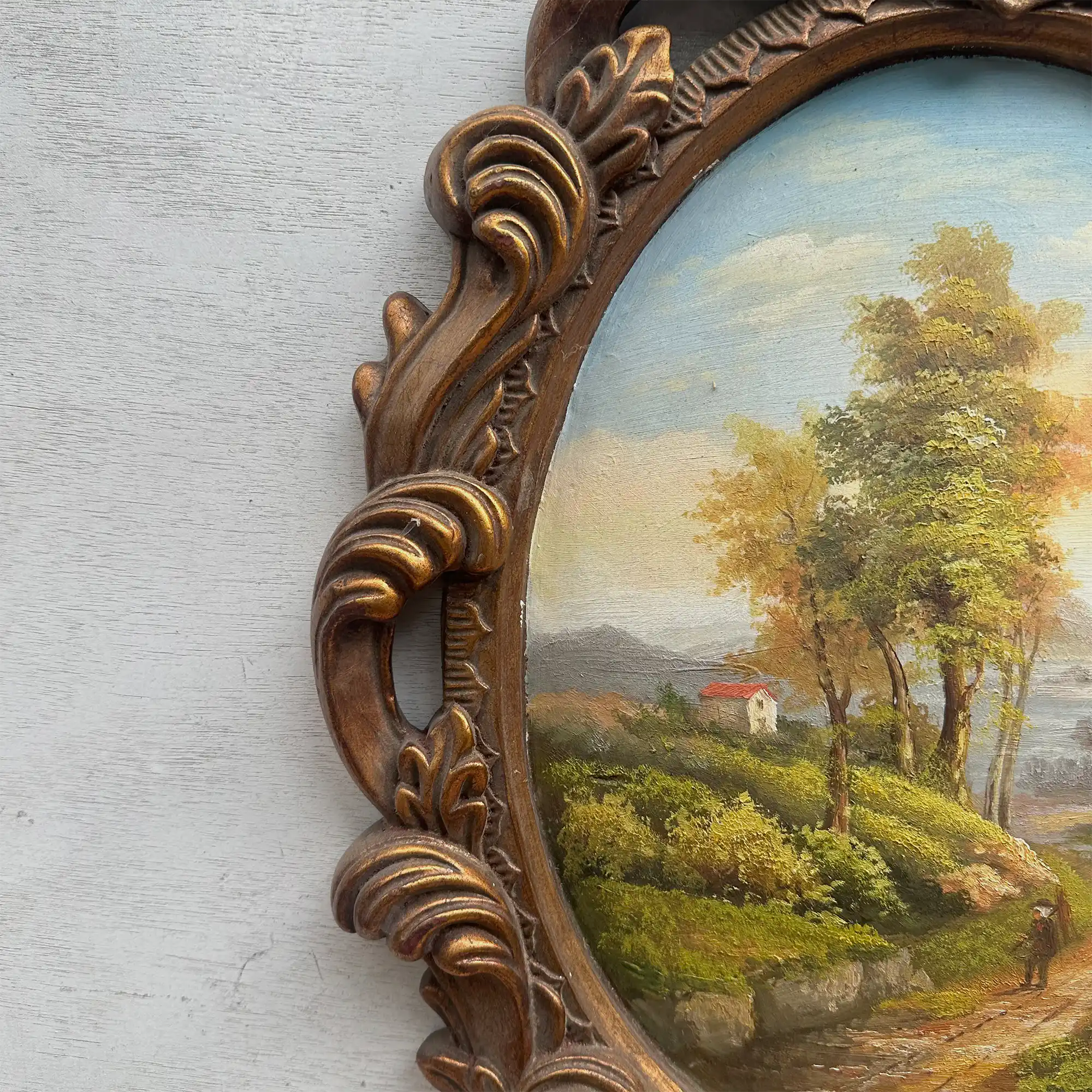 Vintage Oval Countryside Painting, European Village Landscape in Ornate Frame  ( 16.5 × 23.6 in) - Vintage Oil Painting - Arden Gallery