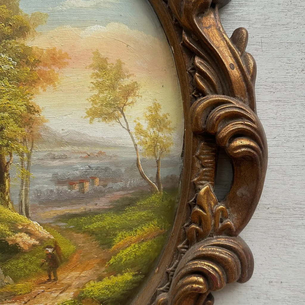 Vintage Oval Countryside Painting, European Village Landscape in Ornate Frame  ( 16.5 × 23.6 in) - Vintage Oil Painting - Arden Gallery