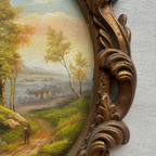 Vintage Oval Countryside Painting, European Village Landscape in Ornate Frame  ( 16.5 × 23.6 in) - Vintage Oil Painting - Arden Gallery