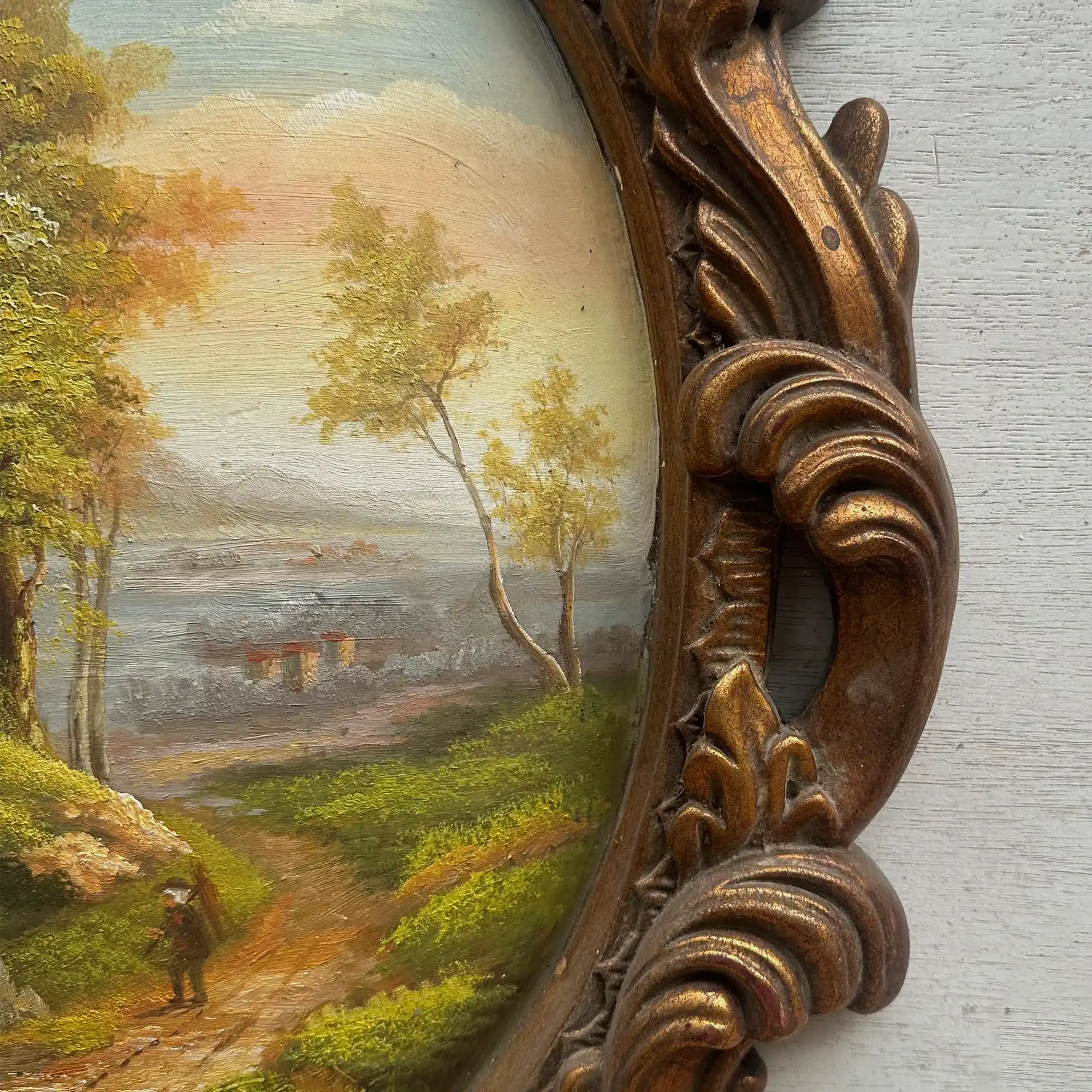 Vintage Oval Countryside Painting, European Village Landscape in Ornate Frame  ( 16.5 × 23.6 in) - Vintage Oil Painting - Arden Gallery