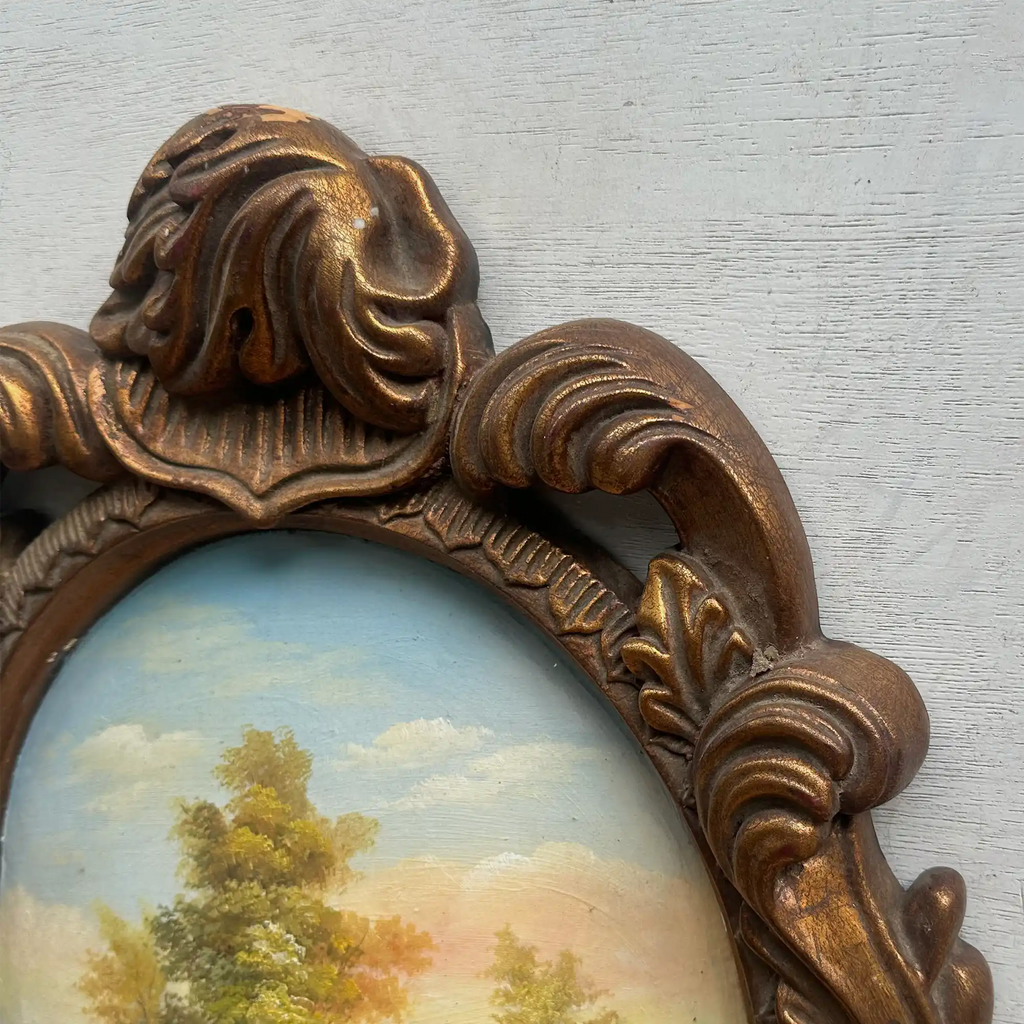 Vintage Oval Countryside Painting, European Village Landscape in Ornate Frame  ( 16.5 × 23.6 in) - Vintage Oil Painting - Arden Gallery