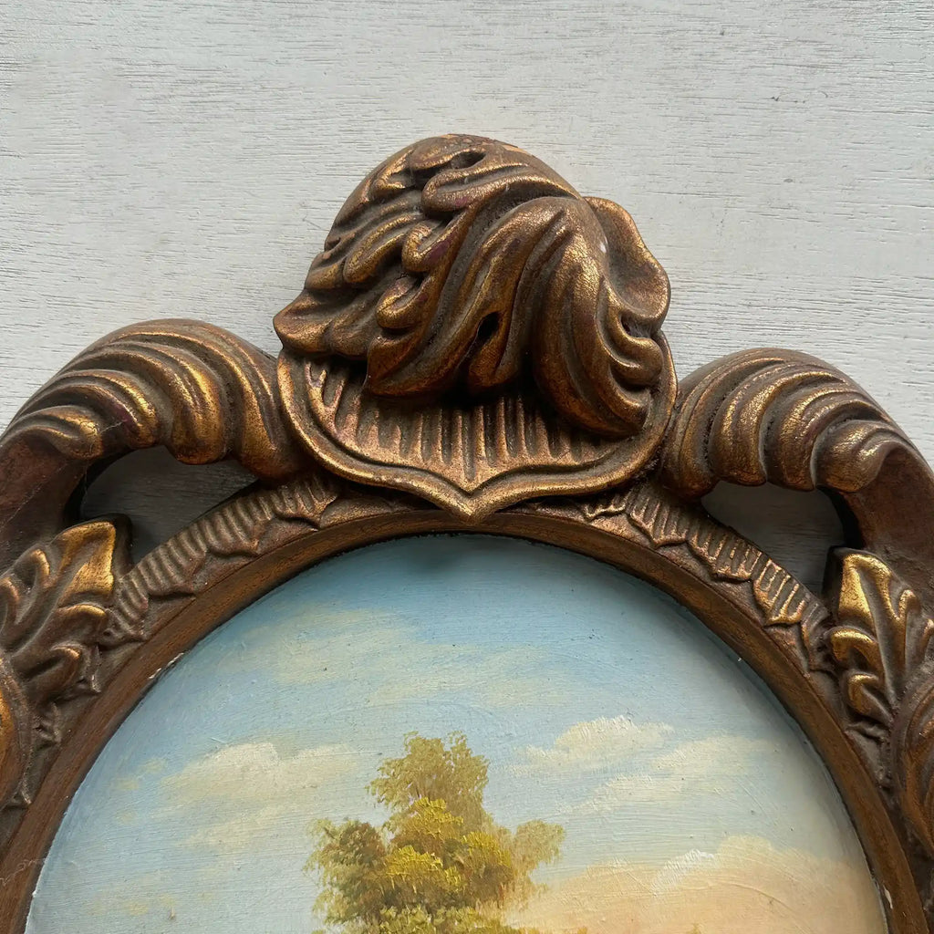 Vintage Oval Countryside Painting, European Village Landscape in Ornate Frame  ( 16.5 × 23.6 in) - Vintage Oil Painting - Arden Gallery