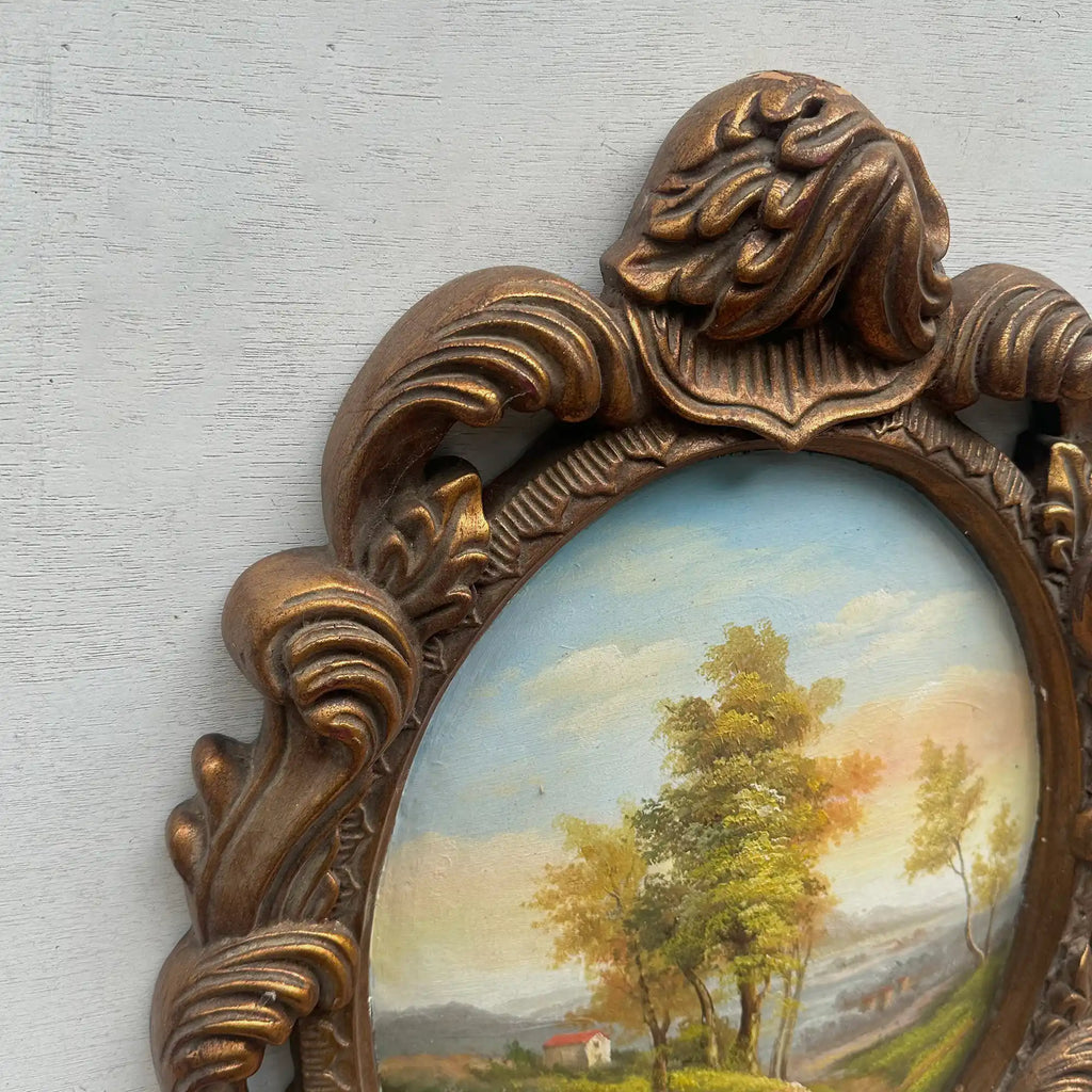 Vintage Oval Countryside Painting, European Village Landscape in Ornate Frame  ( 16.5 × 23.6 in) - Vintage Oil Painting - Arden Gallery