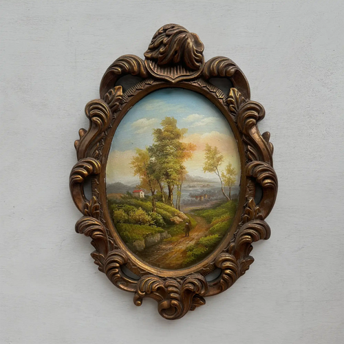 Vintage Oval Countryside Painting, European Village Landscape in Ornate Frame  ( 16.5 × 23.6 in) - Vintage Oil Painting - Arden Gallery
