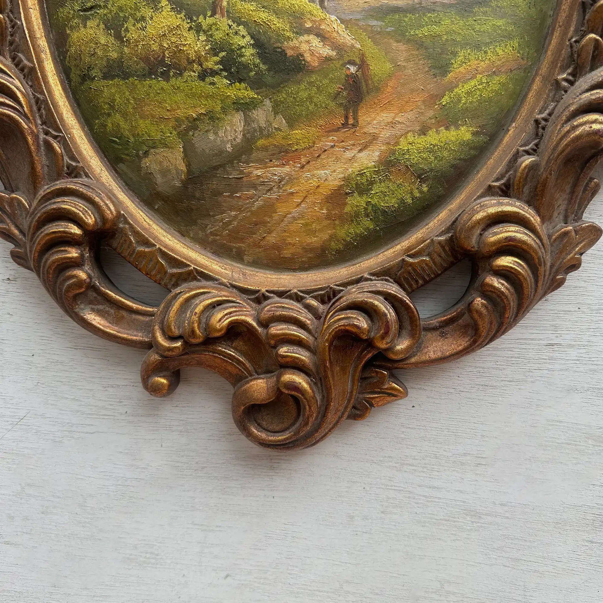 Vintage Oval Countryside Painting, European Village Landscape in Ornate Frame  ( 16.5 × 23.6 in) - Vintage Oil Painting - Arden Gallery