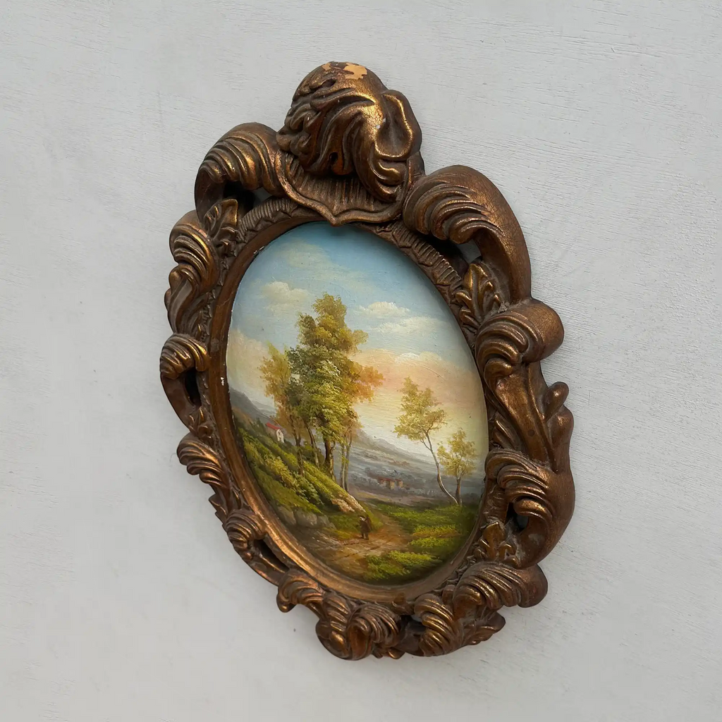 Vintage Oval Countryside Painting, European Village Landscape in Ornate Frame  ( 16.5 × 23.6 in) - Vintage Oil Painting - Arden Gallery
