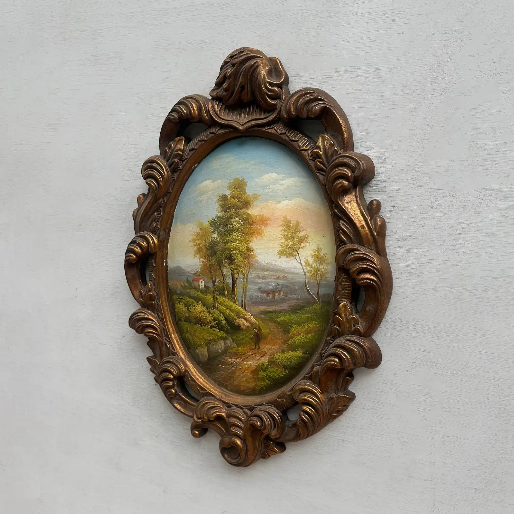 Vintage Oval Countryside Painting, European Village Landscape in Ornate Frame  ( 16.5 × 23.6 in) - Vintage Oil Painting - Arden Gallery