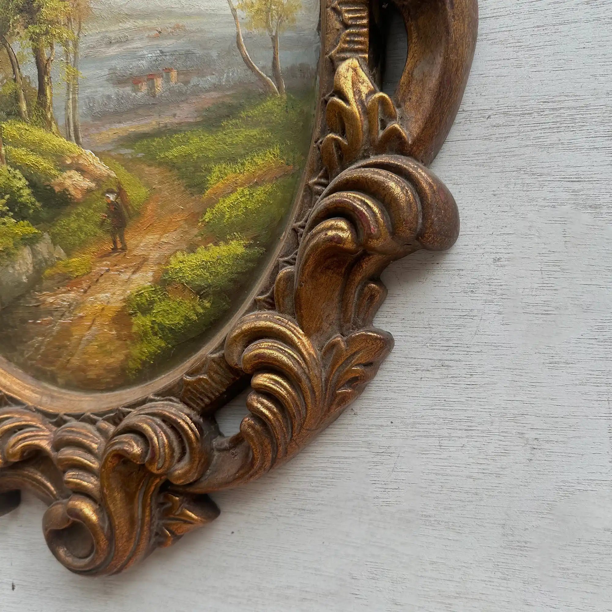Vintage Oval Countryside Painting, European Village Landscape in Ornate Frame  ( 16.5 × 23.6 in) - Vintage Oil Painting - Arden Gallery