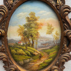 Vintage Oval Countryside Painting, European Village Landscape in Ornate Frame  ( 16.5 × 23.6 in) - Vintage Oil Painting - Arden Gallery