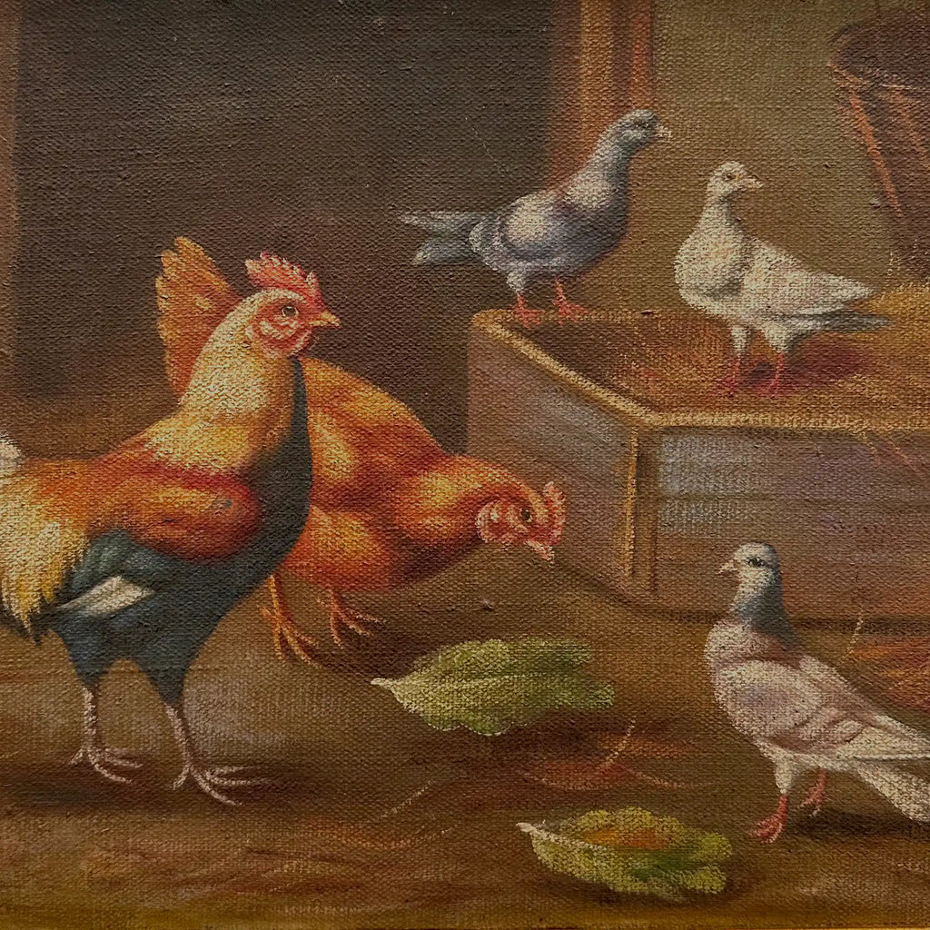 Vintage Poultry Oil Painting, Hand Painted Rooster and Dove Wall Art  46 × 36 cm - Vintage Oil Painting - Arden Gallery