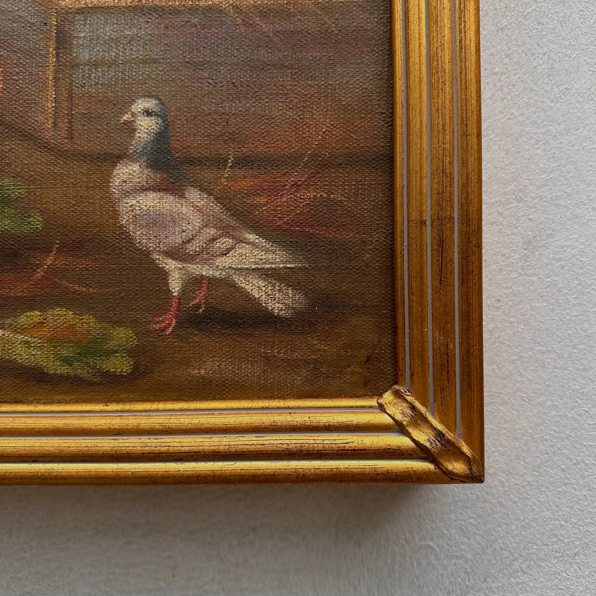 Vintage Poultry Oil Painting, Hand Painted Rooster and Dove Wall Art  46 × 36 cm - Vintage Oil Painting - Arden Gallery