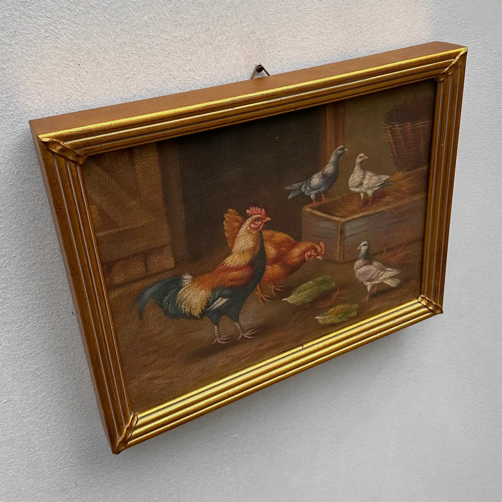 Vintage Poultry Oil Painting, Hand Painted Rooster and Dove Wall Art  46 × 36 cm - Vintage Oil Painting - Arden Gallery