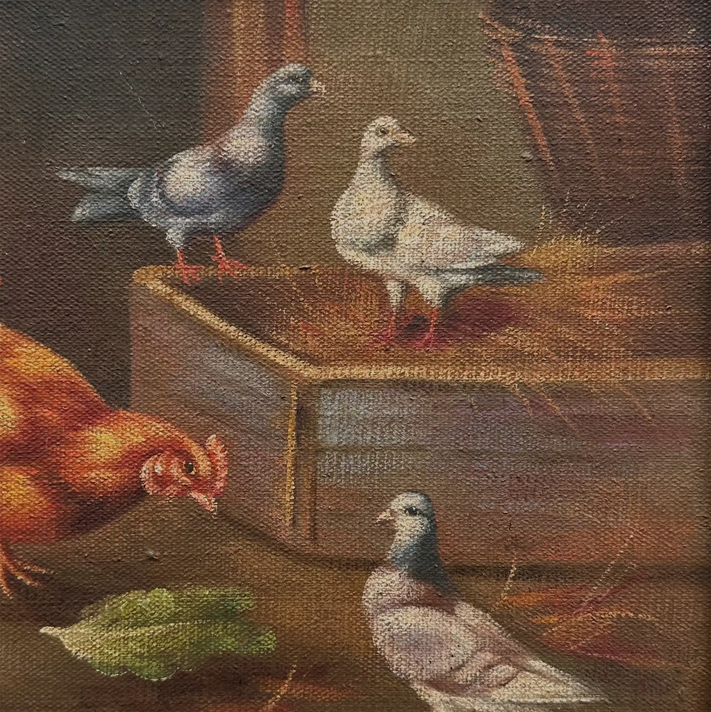 Vintage Poultry Oil Painting, Hand Painted Rooster and Dove Wall Art  46 × 36 cm - Vintage Oil Painting - Arden Gallery