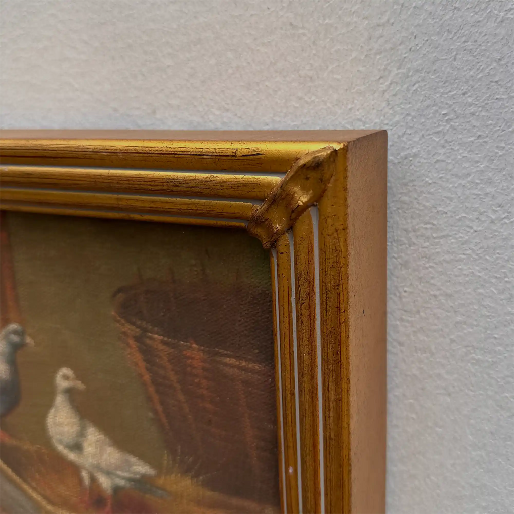 Vintage Poultry Oil Painting, Hand Painted Rooster and Dove Wall Art  46 × 36 cm - Vintage Oil Painting - Arden Gallery