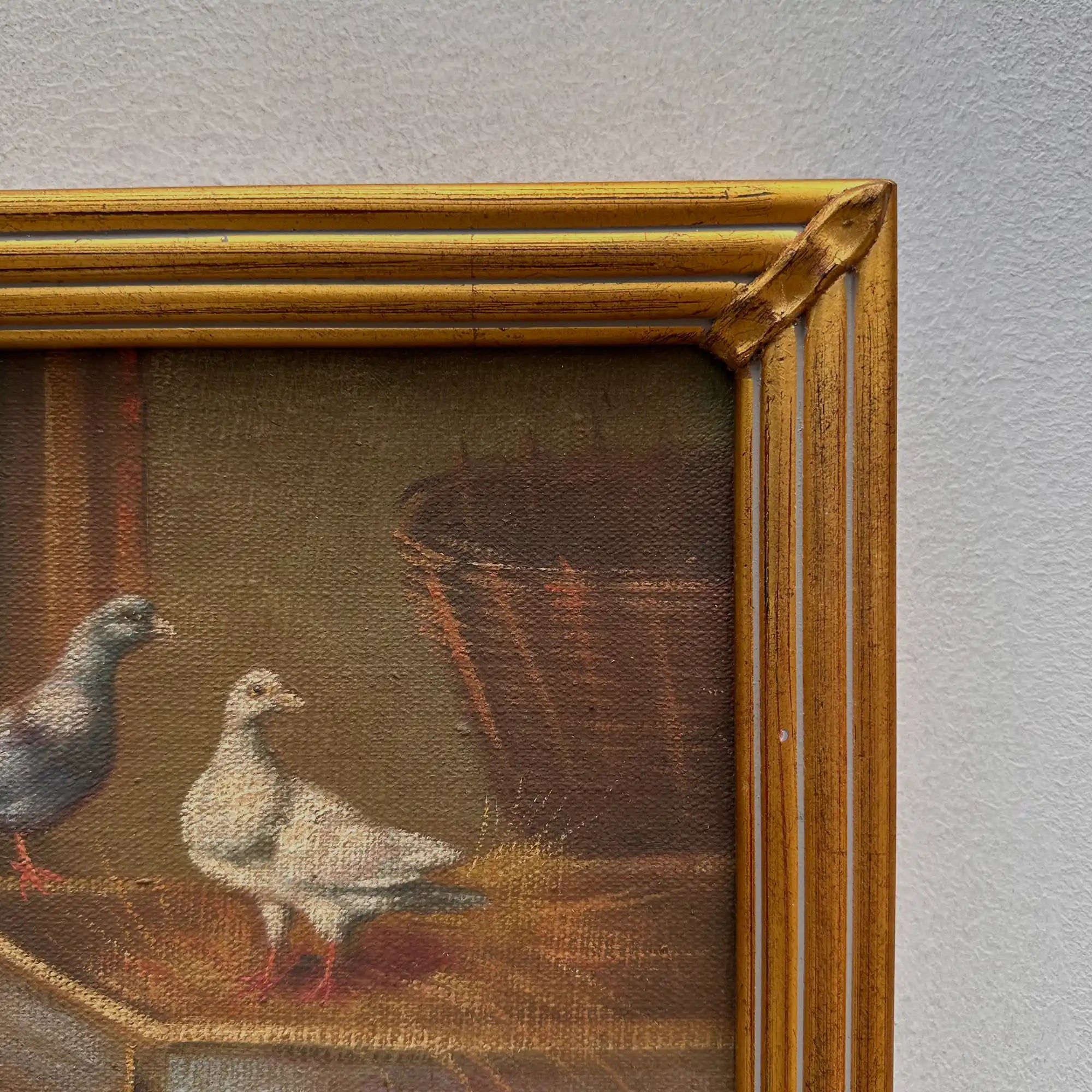 Vintage Poultry Oil Painting, Hand Painted Rooster and Dove Wall Art  46 × 36 cm - Vintage Oil Painting - Arden Gallery