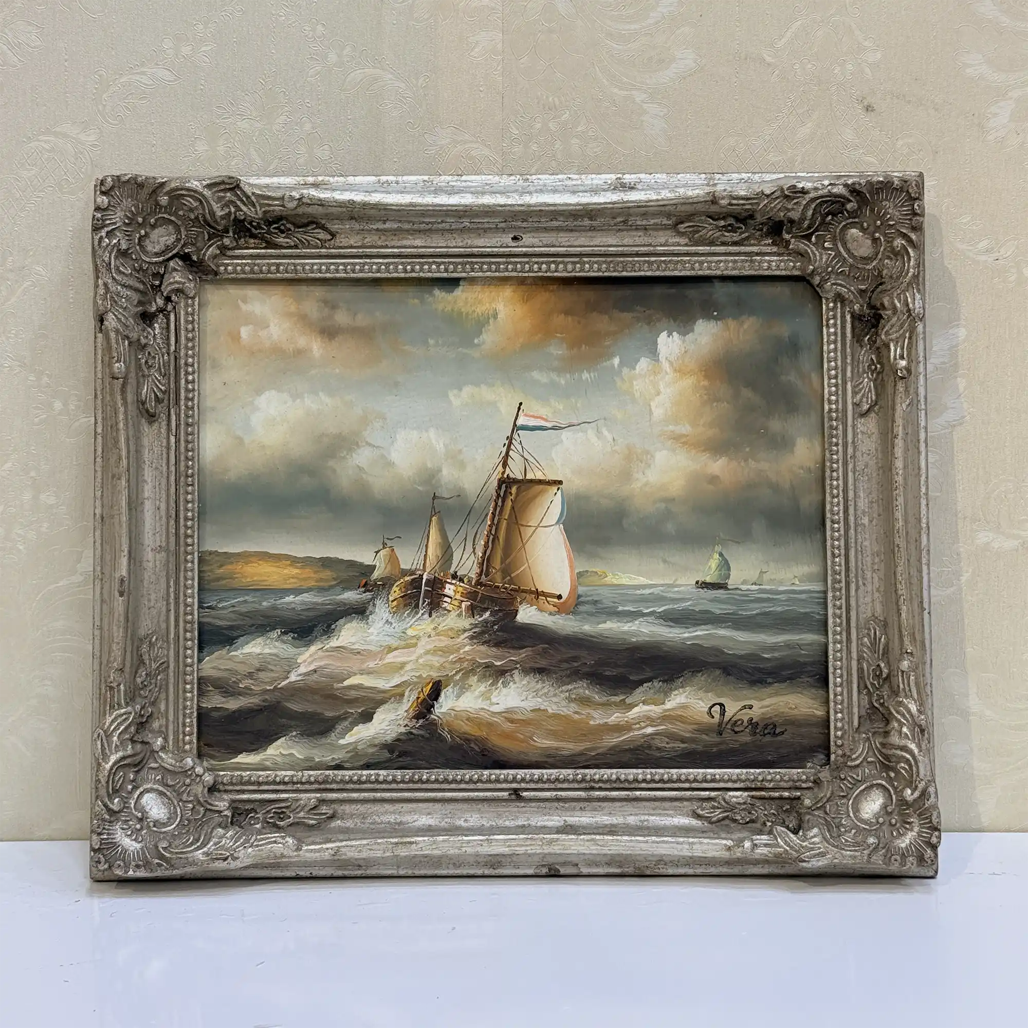 Vintage Seascape Oil Painting with Sailing Ships – Antique Ornate Frame Nautical Wall Art - Vintage Oil Painting - Arden Gallery