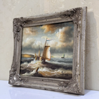 Vintage Seascape Oil Painting with Sailing Ships – Antique Ornate Frame Nautical Wall Art - Vintage Oil Painting - Arden Gallery