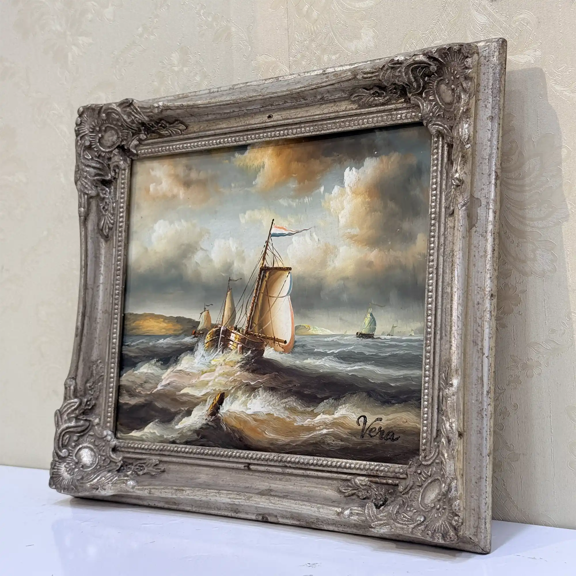 Vintage Seascape Oil Painting with Sailing Ships – Antique Ornate Frame Nautical Wall Art - Vintage Oil Painting - Arden Gallery