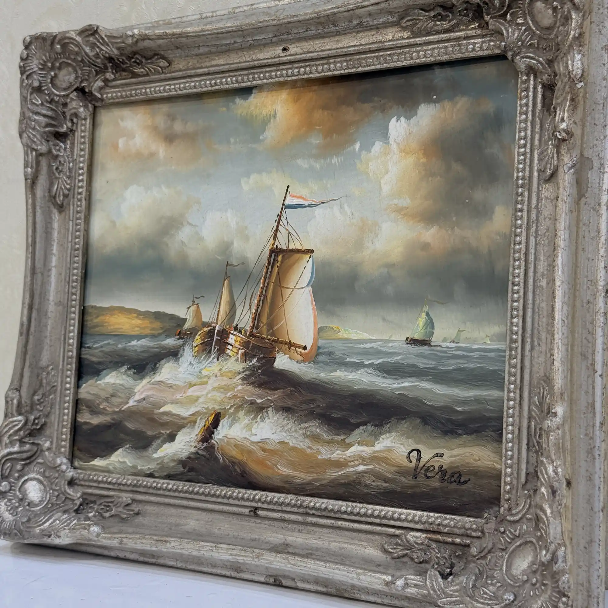 Vintage Seascape Oil Painting with Sailing Ships – Antique Ornate Frame Nautical Wall Art - Vintage Oil Painting - Arden Gallery