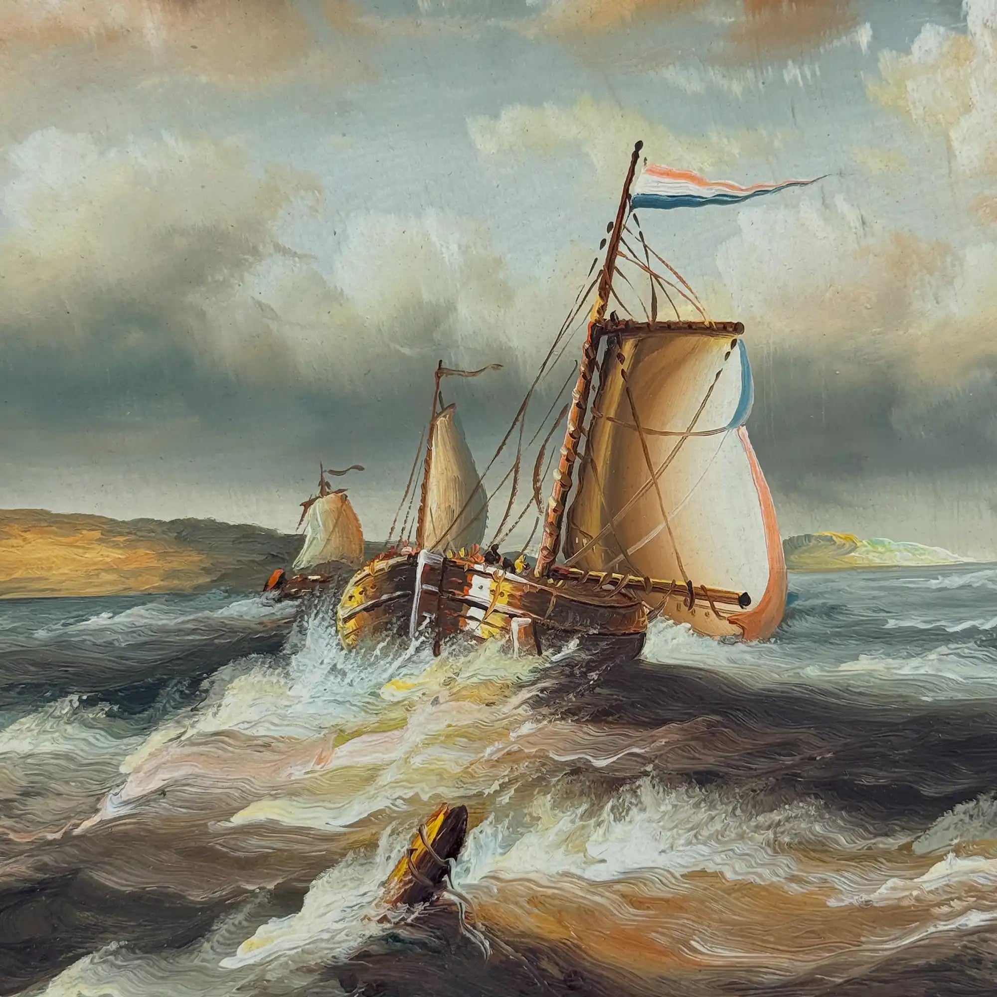 Vintage Seascape Oil Painting with Sailing Ships – Antique Ornate Frame Nautical Wall Art - Vintage Oil Painting - Arden Gallery