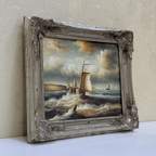 Vintage Seascape Oil Painting with Sailing Ships – Antique Ornate Frame Nautical Wall Art - Vintage Oil Painting - Arden Gallery