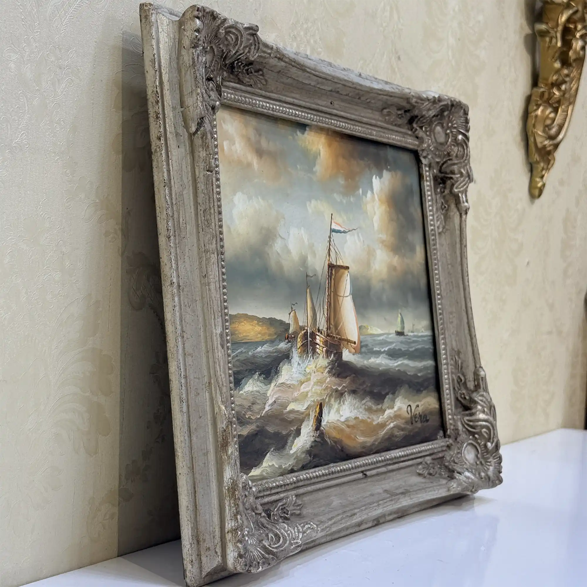 Vintage Seascape Oil Painting with Sailing Ships – Antique Ornate Frame Nautical Wall Art - Vintage Oil Painting - Arden Gallery