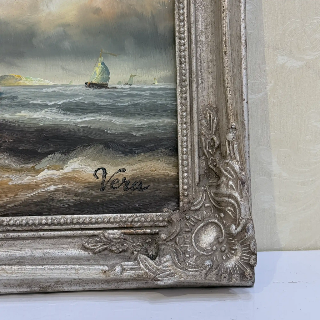 Vintage Seascape Oil Painting with Sailing Ships – Antique Ornate Frame Nautical Wall Art - Vintage Oil Painting - Arden Gallery