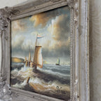 Vintage Seascape Oil Painting with Sailing Ships – Antique Ornate Frame Nautical Wall Art - Vintage Oil Painting - Arden Gallery