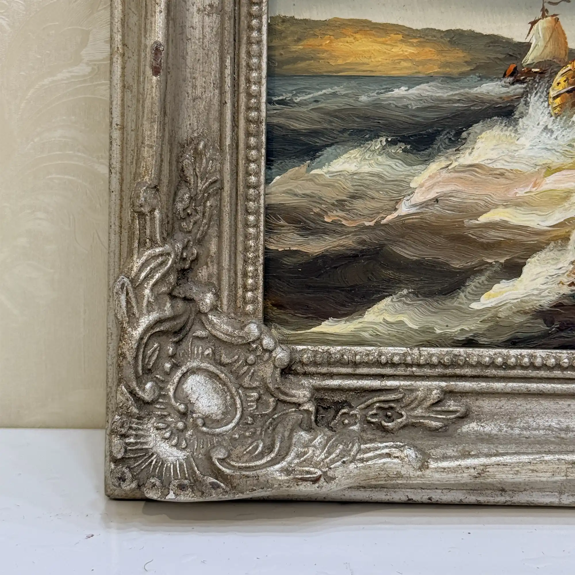 Vintage Seascape Oil Painting with Sailing Ships – Antique Ornate Frame Nautical Wall Art - Vintage Oil Painting - Arden Gallery