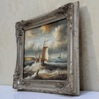 Vintage Seascape Oil Painting with Sailing Ships – Antique Ornate Frame Nautical Wall Art - Vintage Oil Painting - Arden Gallery
