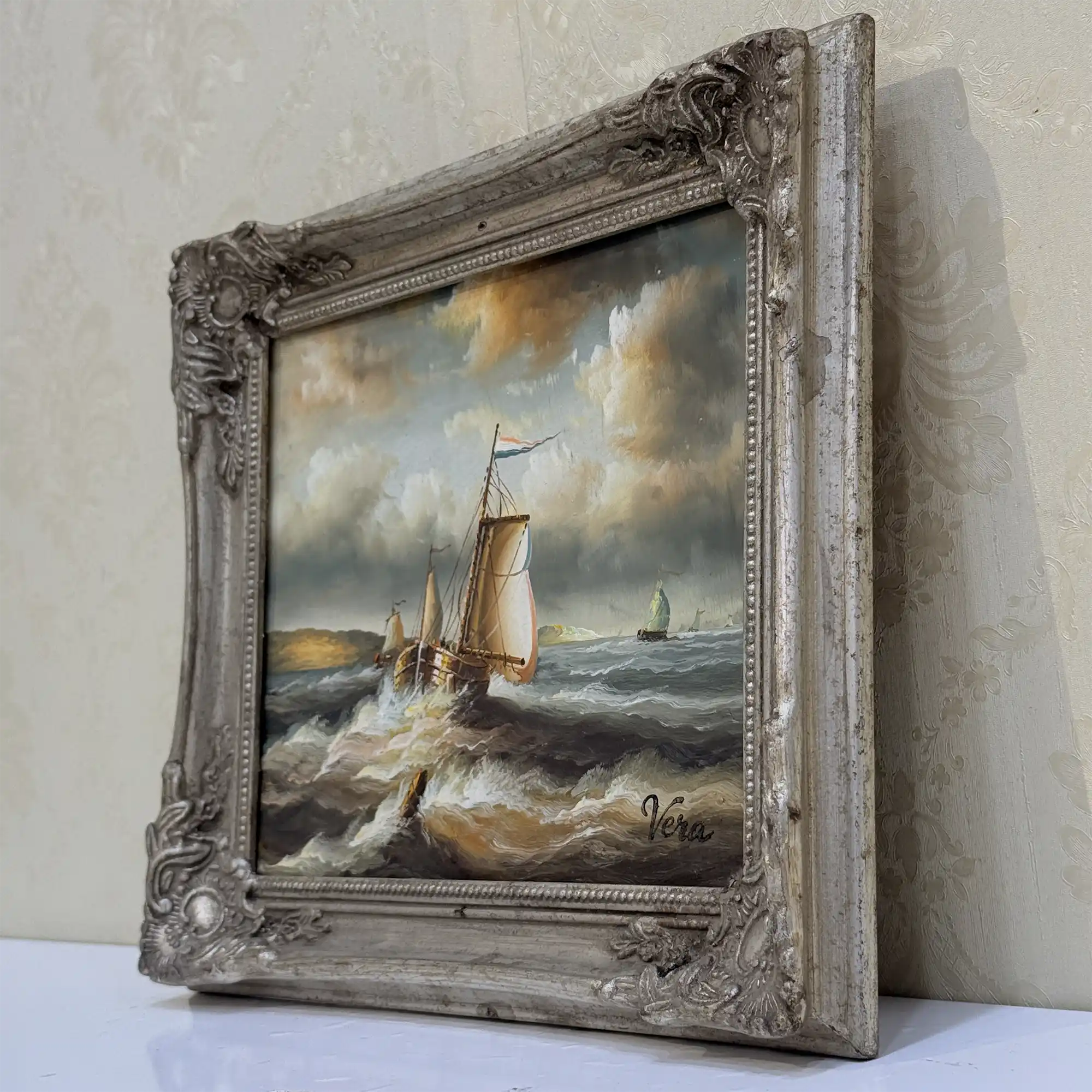 Vintage Seascape Oil Painting with Sailing Ships – Antique Ornate Frame Nautical Wall Art - Vintage Oil Painting - Arden Gallery
