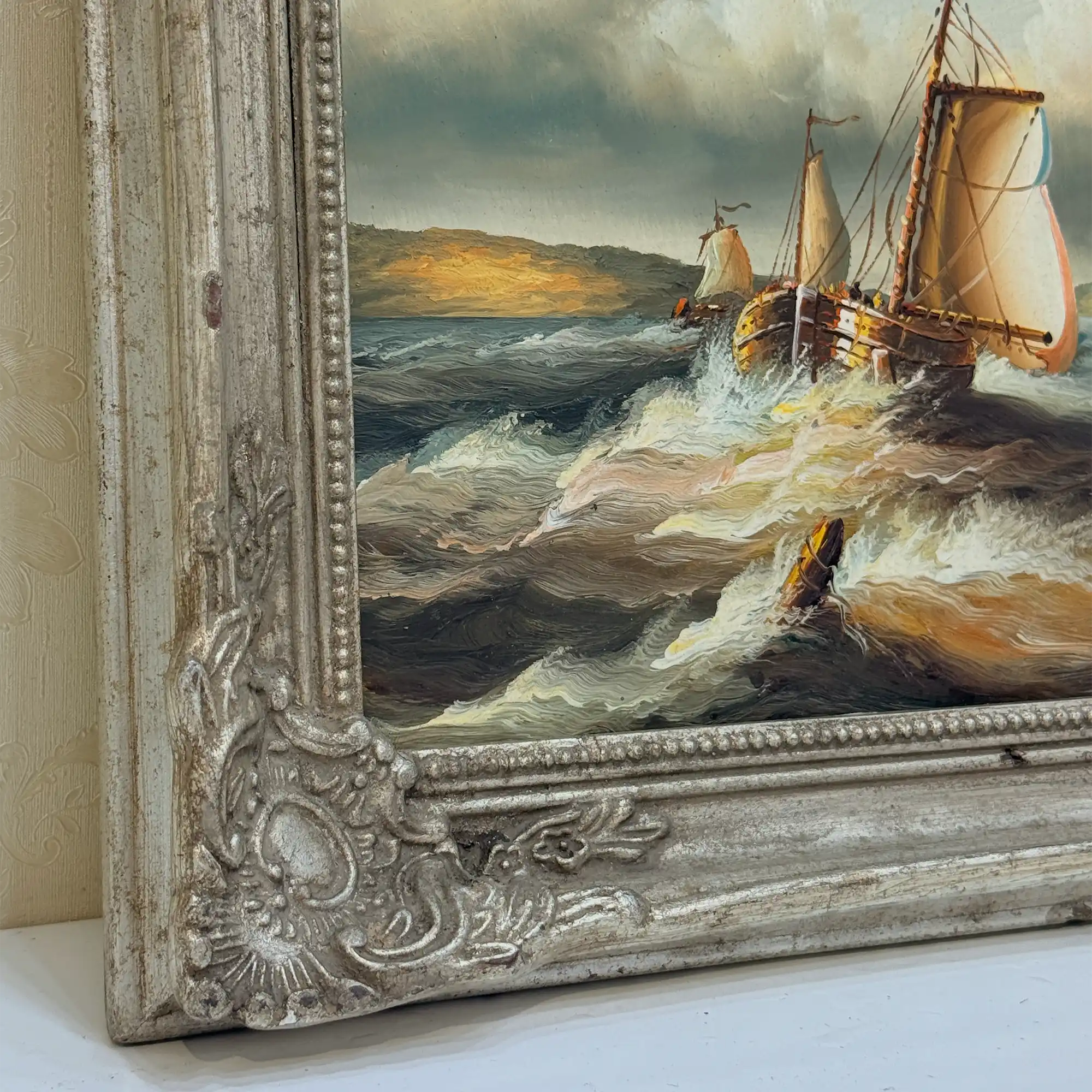 Vintage Seascape Oil Painting with Sailing Ships – Antique Ornate Frame Nautical Wall Art - Vintage Oil Painting - Arden Gallery