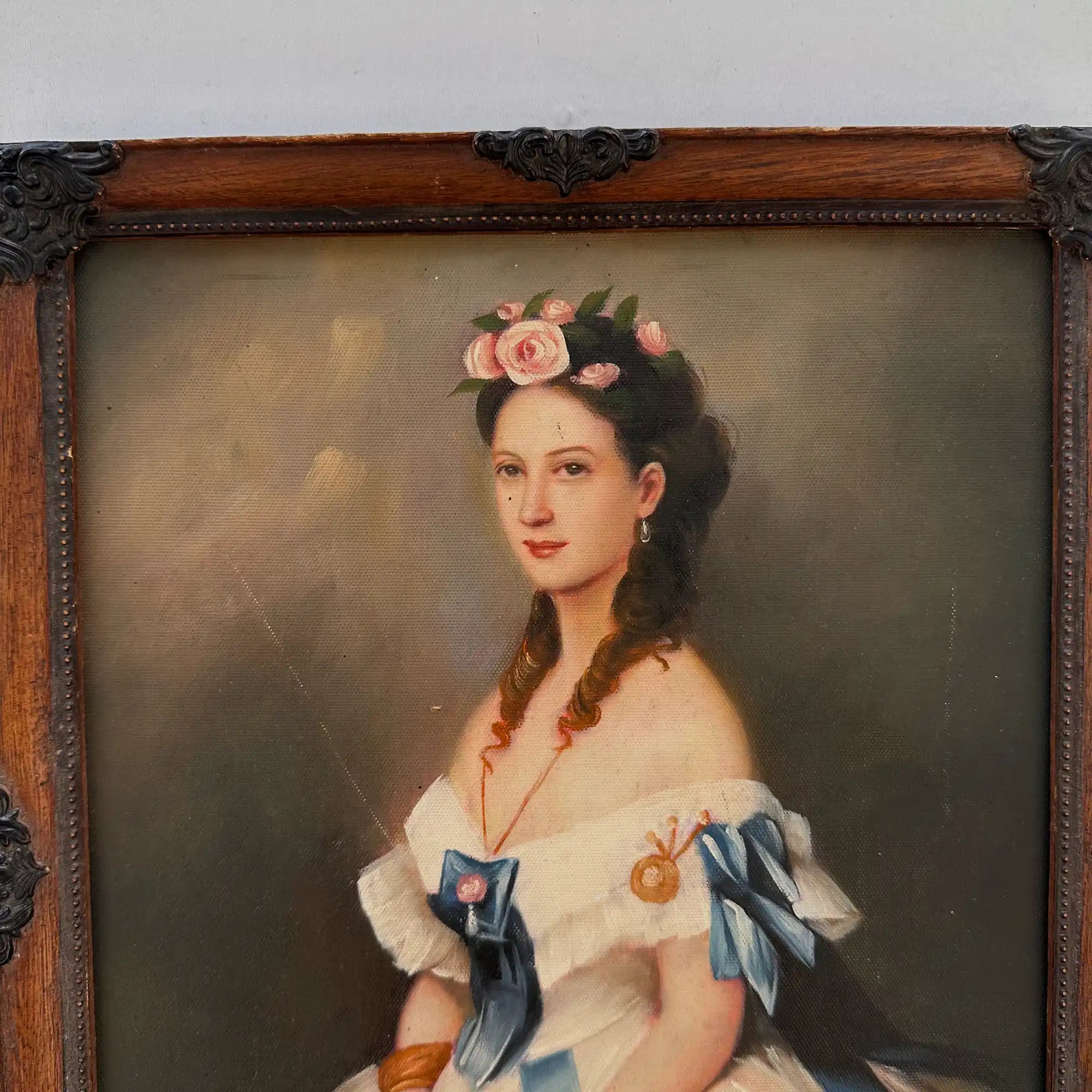 Vintage Victorian Lady Hand-Painted Oil Painting | Romantic Female Portrait Theme | Solid Wood Carved Frame 32x39cm - Vintage Oil Painting - Arden Gallery