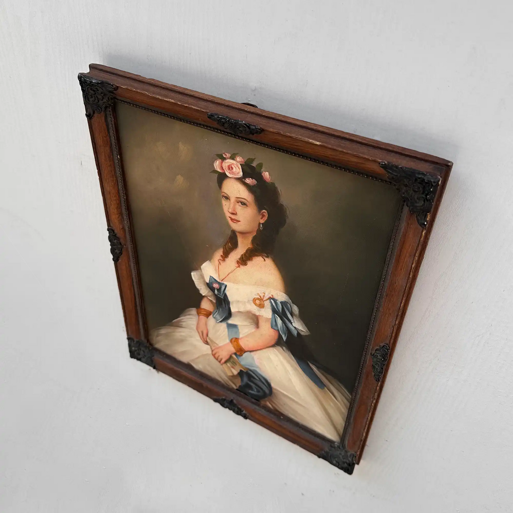 Vintage Victorian Lady Hand-Painted Oil Painting | Romantic Female Portrait Theme | Solid Wood Carved Frame 32x39cm - Vintage Oil Painting - Arden Gallery