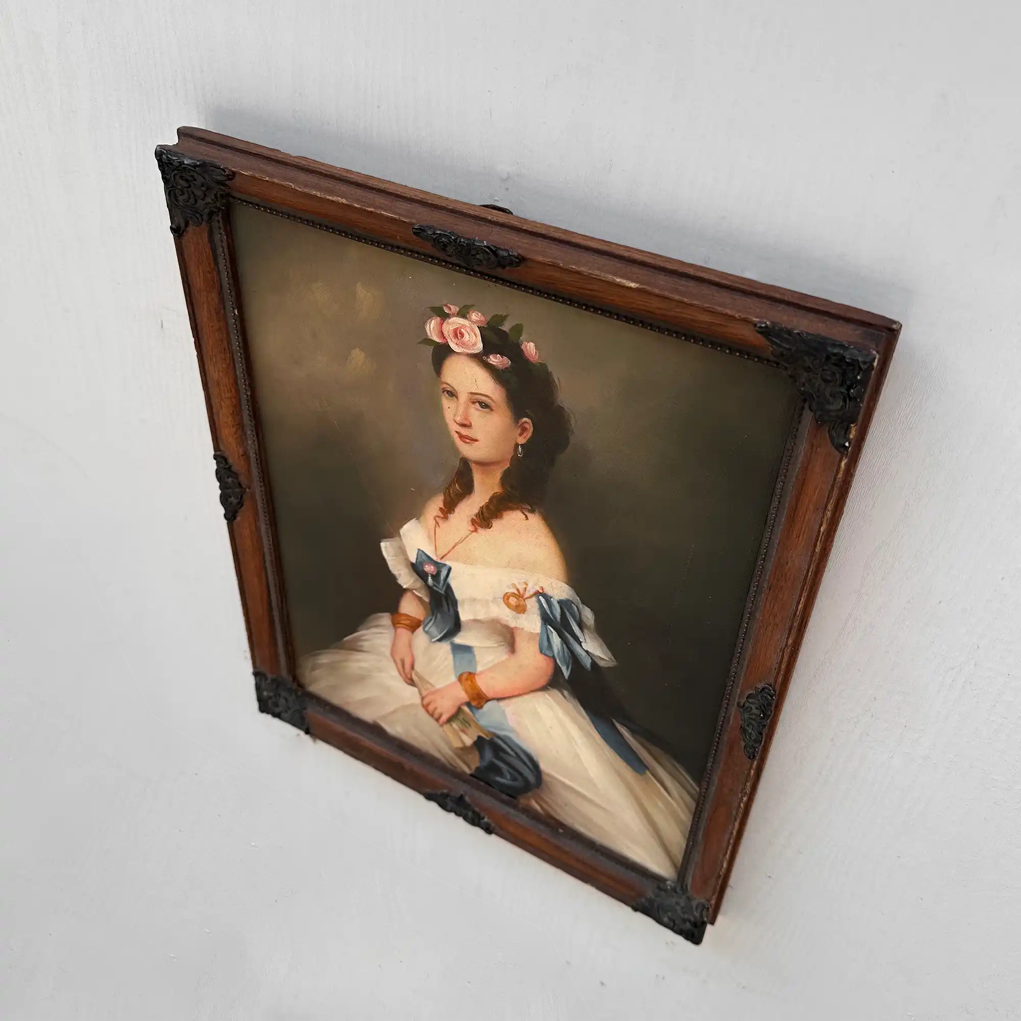 Vintage Victorian Lady Hand-Painted Oil Painting | Romantic Female Portrait Theme | Solid Wood Carved Frame 32x39cm - Vintage Oil Painting - Arden Gallery