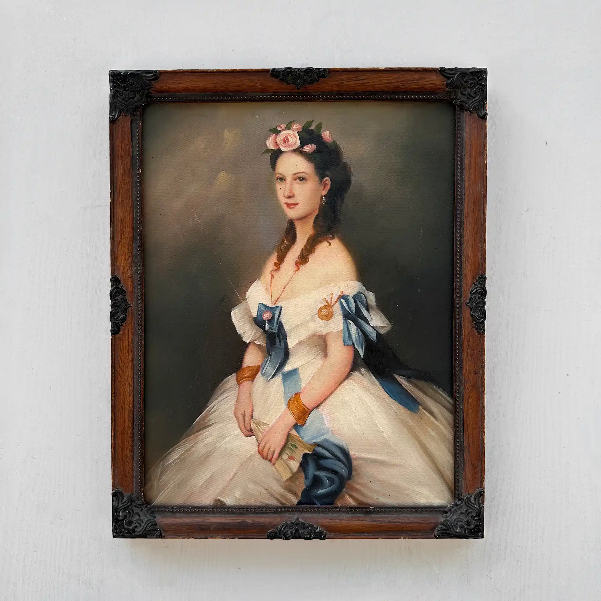 Vintage Victorian Lady Hand-Painted Oil Painting | Romantic Female Portrait Theme | Solid Wood Carved Frame 32x39cm - Vintage Oil Painting - Arden Gallery