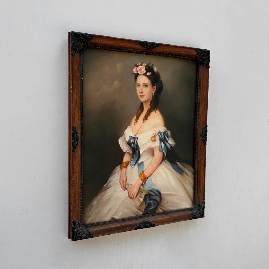 Vintage Victorian Lady Hand-Painted Oil Painting | Romantic Female Portrait Theme | Solid Wood Carved Frame 32x39cm - Vintage Oil Painting - Arden Gallery