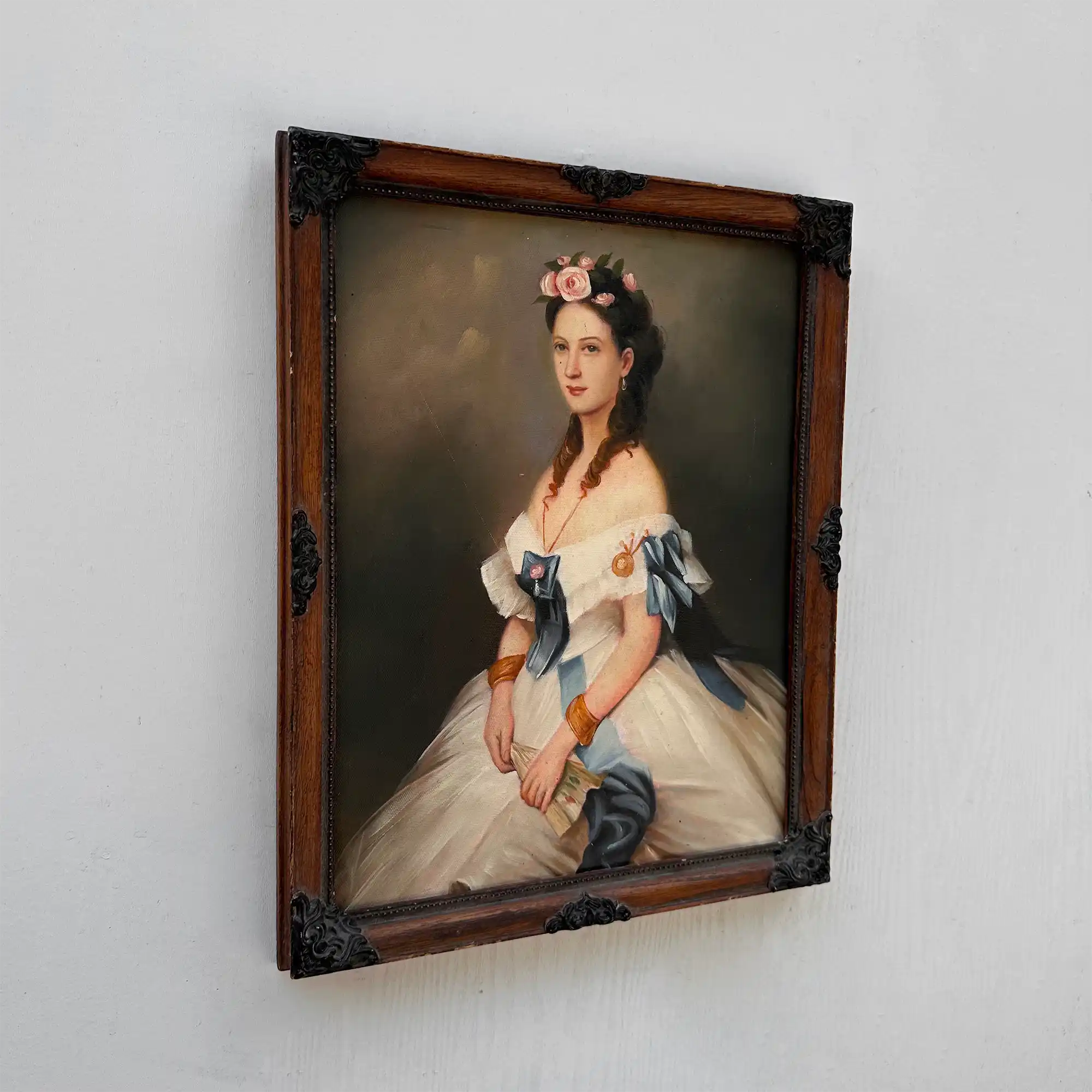 Vintage Victorian Lady Hand-Painted Oil Painting | Romantic Female Portrait Theme | Solid Wood Carved Frame 32x39cm - Vintage Oil Painting - Arden Gallery