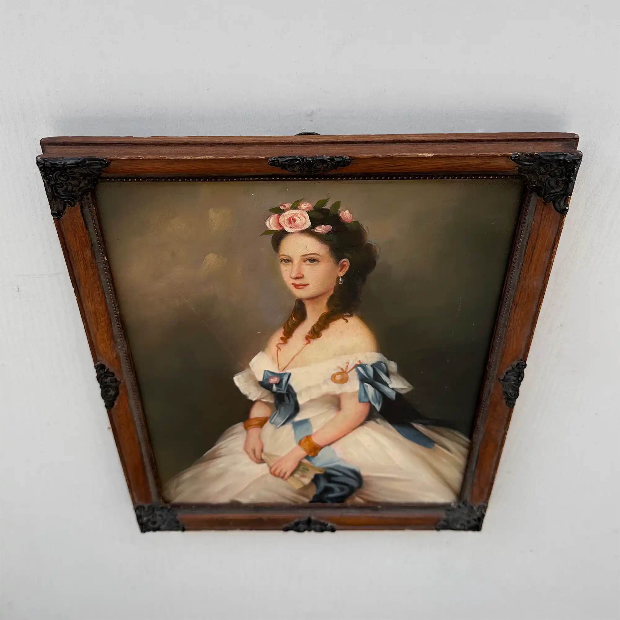 Vintage Victorian Lady Hand-Painted Oil Painting | Romantic Female Portrait Theme | Solid Wood Carved Frame 32x39cm - Vintage Oil Painting - Arden Gallery