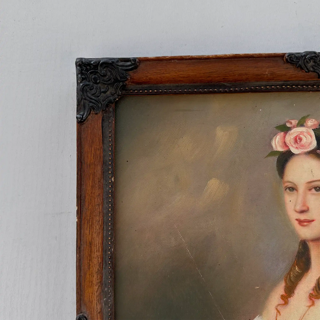 Vintage Victorian Lady Hand-Painted Oil Painting | Romantic Female Portrait Theme | Solid Wood Carved Frame 32x39cm - Vintage Oil Painting - Arden Gallery