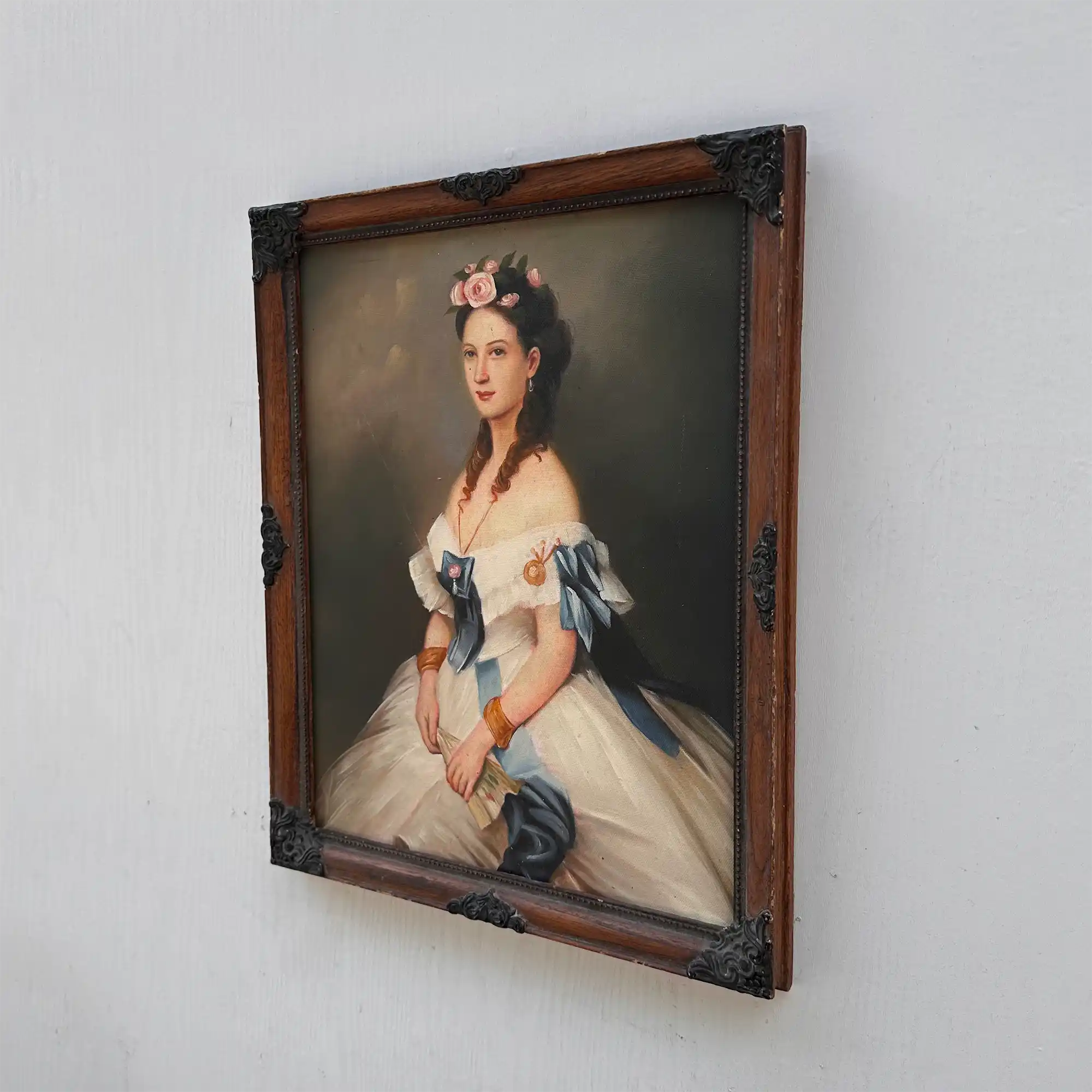 Vintage Victorian Lady Hand-Painted Oil Painting | Romantic Female Portrait Theme | Solid Wood Carved Frame 32x39cm - Vintage Oil Painting - Arden Gallery