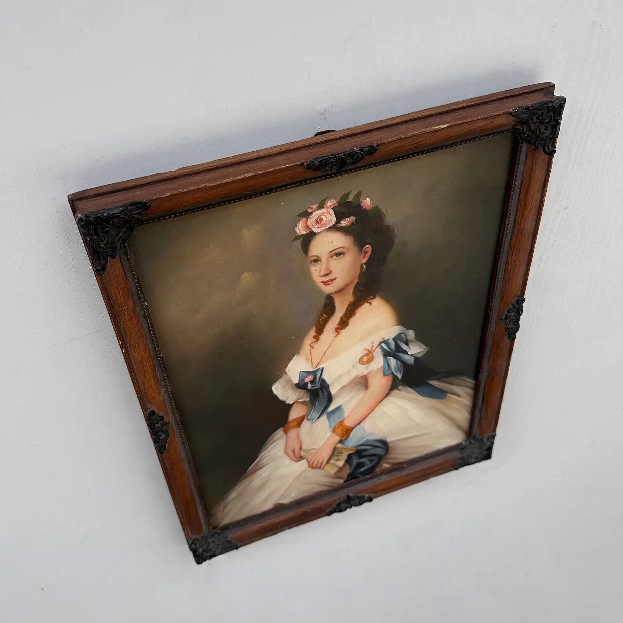 Vintage Victorian Lady Hand-Painted Oil Painting | Romantic Female Portrait Theme | Solid Wood Carved Frame 32x39cm - Vintage Oil Painting - Arden Gallery