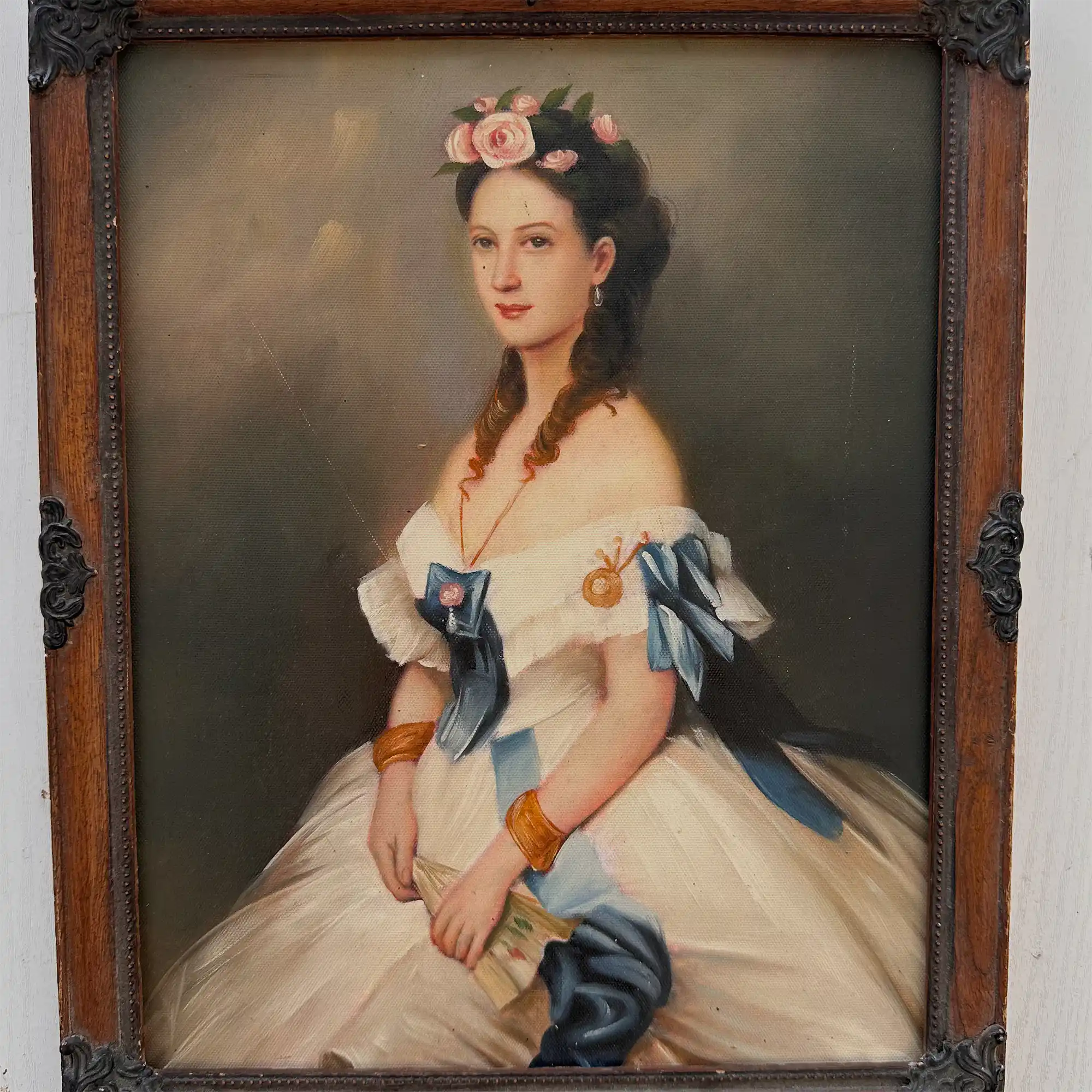Vintage Victorian Lady Hand-Painted Oil Painting | Romantic Female Portrait Theme | Solid Wood Carved Frame 32x39cm - Vintage Oil Painting - Arden Gallery