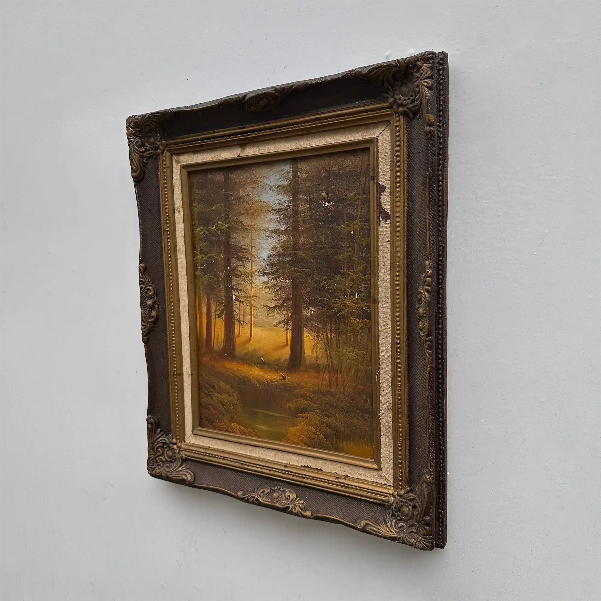 Vintage Woodland Landscape Painting, Hand Painted Forest Scene in Ornate Frame - Vintage Oil Painting - Arden Gallery