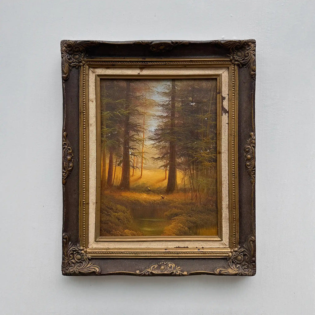Vintage Woodland Landscape Painting, Hand Painted Forest Scene in Ornate Frame - Vintage Oil Painting - Arden Gallery
