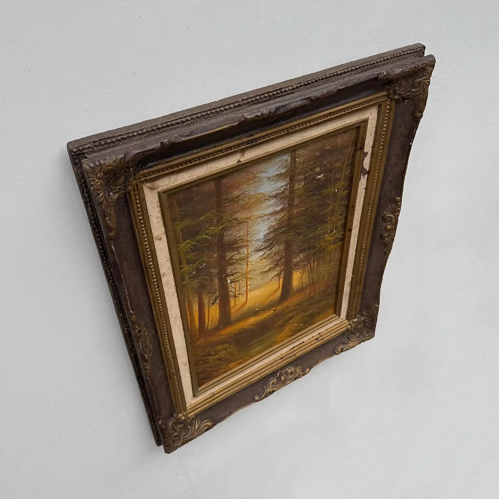 Vintage Woodland Landscape Painting, Hand Painted Forest Scene in Ornate Frame - Vintage Oil Painting - Arden Gallery