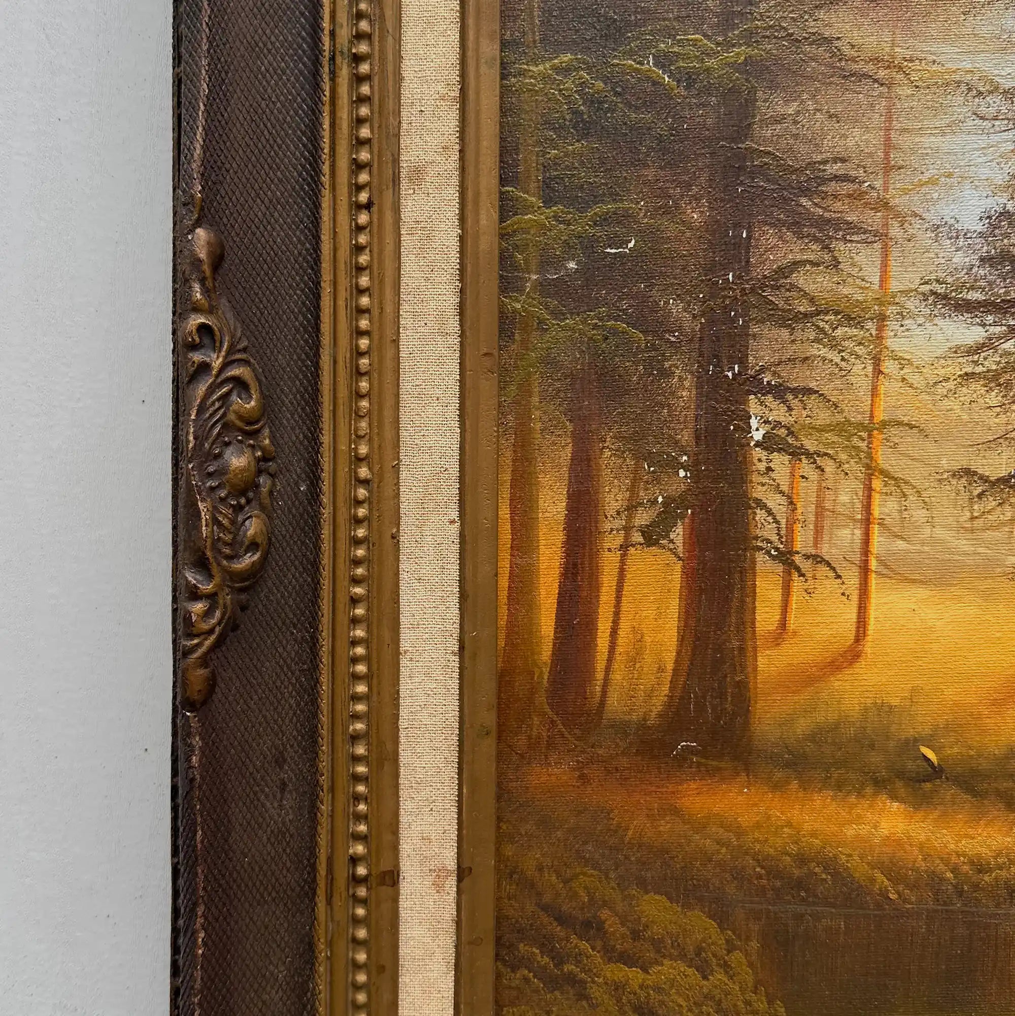 Vintage Woodland Landscape Painting, Hand Painted Forest Scene in Ornate Frame - Vintage Oil Painting - Arden Gallery