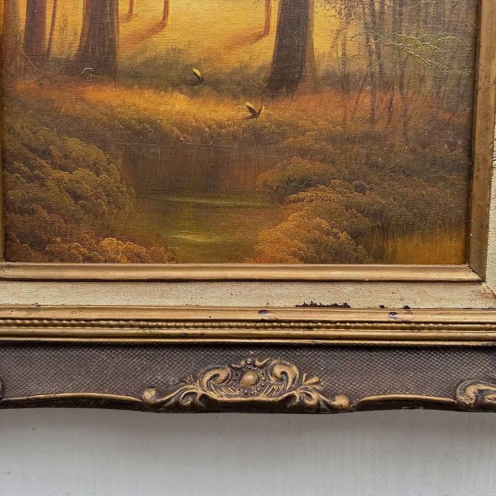 Vintage Woodland Landscape Painting, Hand Painted Forest Scene in Ornate Frame - Vintage Oil Painting - Arden Gallery